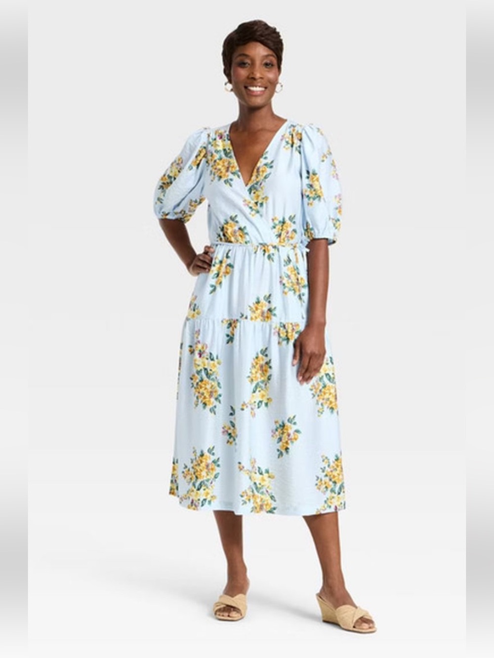 NWOT A New Day Light Blue Short Puff Sleeve Wrap Tier Midi Dress Size Medium